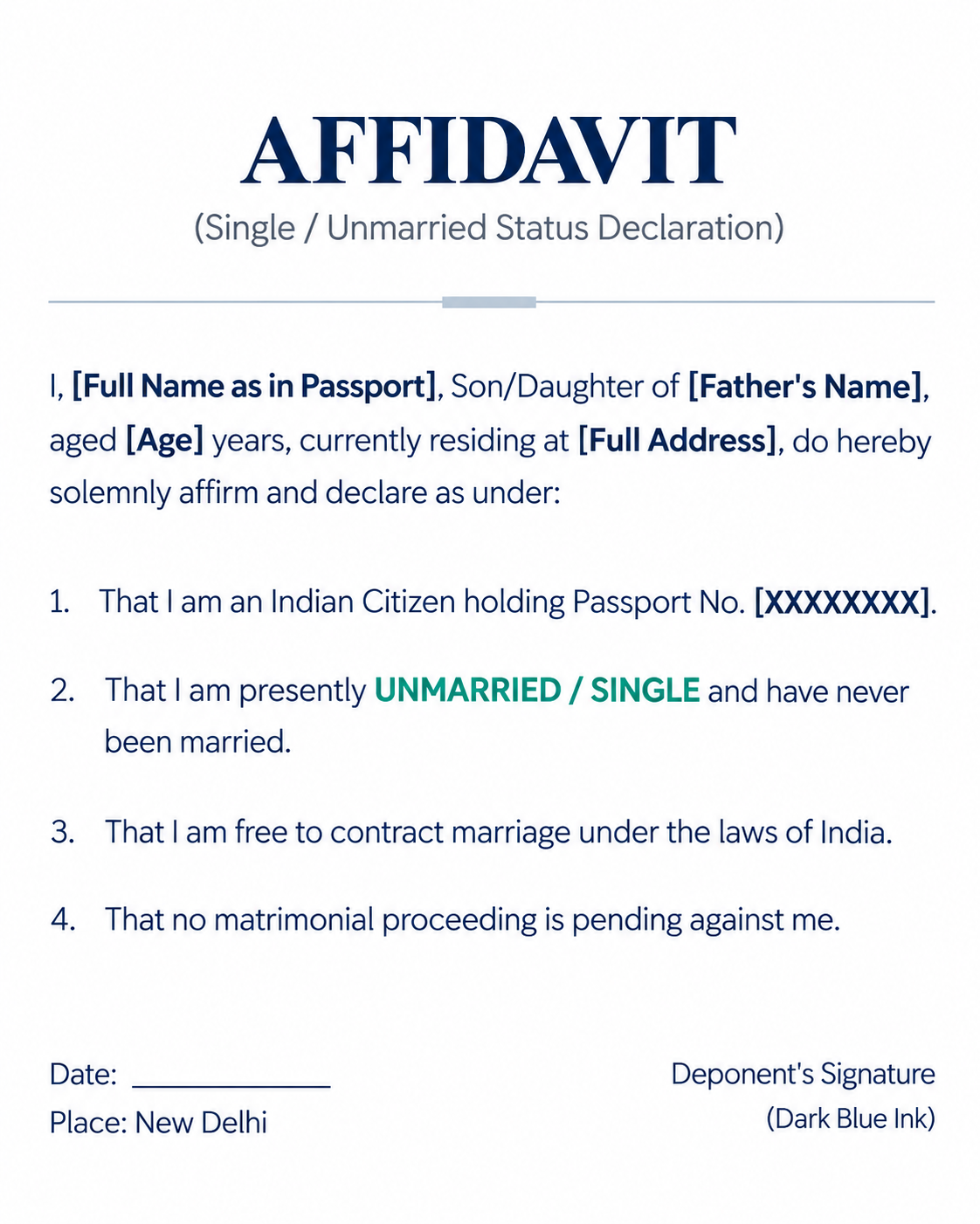Sample Single Status Affidavit before apostille